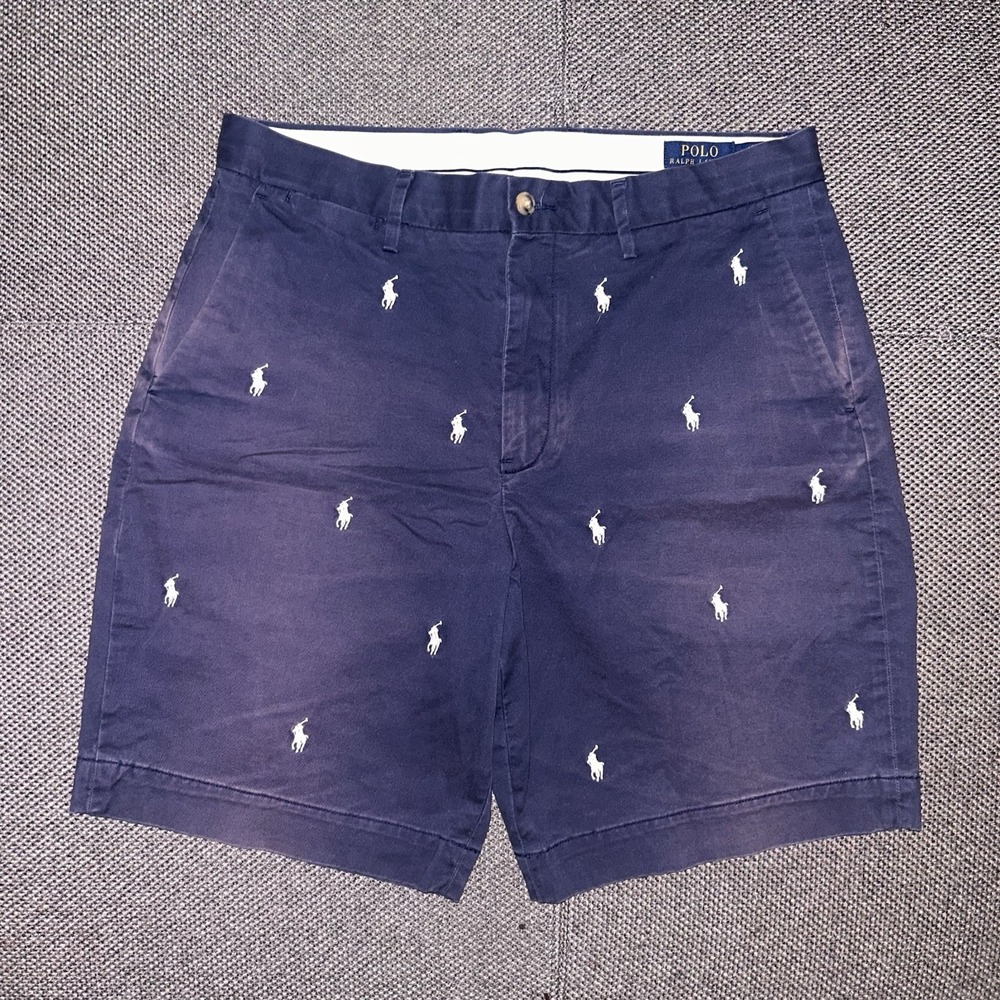 Polo Ralph Lauren Men's Navy Blue Sun Faded Pony Logo Chino Shorts 33 Preppy